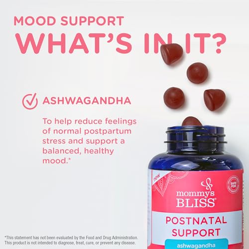 Mommy's Bliss Lift My Mood Postnatal Support Ashwagandha, May Reduce Stress & Support a Balanced Healthy Mood, Vegan, Delicious Rasberry Flavor, 60 Gummies (30 Servings)