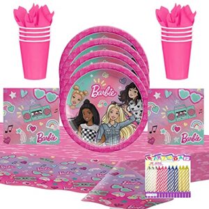 barbie dream together party supplies pack serves 16: 7" dessert plates beverage napkins cups and table cover with birthday candles