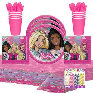 barbie dream together party supplies pack serves 16: 9" plates luncheon napkins cups and table cover with llilykai birthday candles multicolor