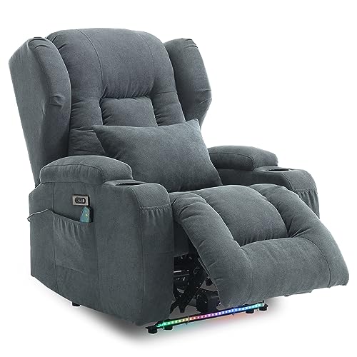 IPKIG Power Recliner Chair with LED Lights, Electric Recliner Chair Linen Fabric Reclining Chair with Cup Holders, USB Ports and Side Pockets for Living Room Bedroom Home Theater Seating (Blue)