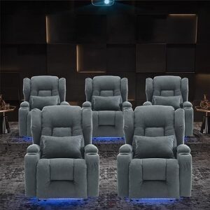 IPKIG Power Recliner Chair with LED Lights, Electric Recliner Chair Linen Fabric Reclining Chair with Cup Holders, USB Ports and Side Pockets for Living Room Bedroom Home Theater Seating (Blue)