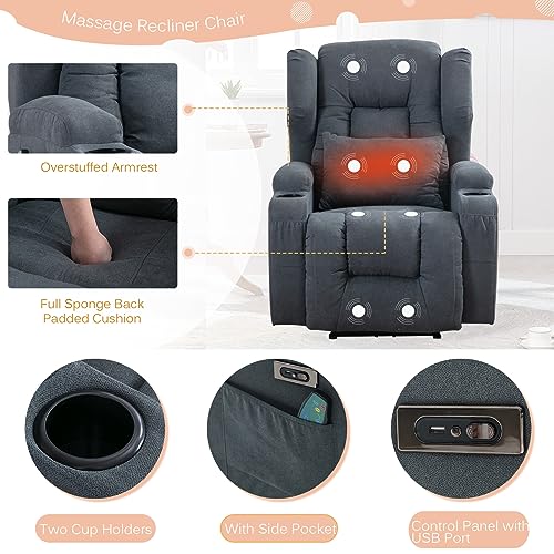 IPKIG Power Recliner Chair with LED Lights, Electric Recliner Chair Linen Fabric Reclining Chair with Cup Holders, USB Ports and Side Pockets for Living Room Bedroom Home Theater Seating (Blue)