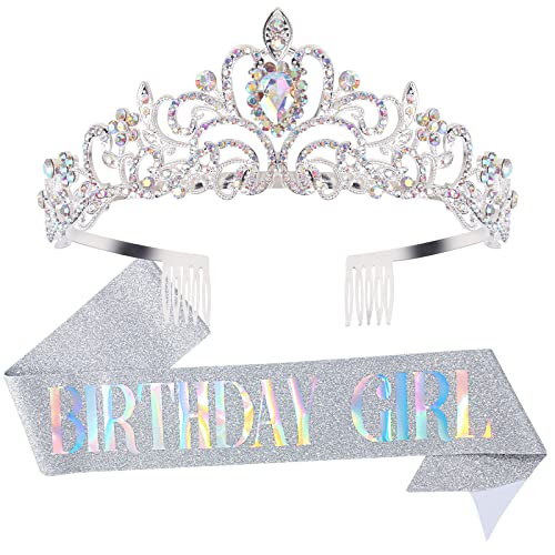 "Birthday Girl" Sash & Rhinestone Tiara Set Silver COCIDE Birthday Sash and Tiara for Women Birthday Decoration Kit Rhinestone Headband for Girl Glitter Crystal Hair Accessories for Birth Party (Aurora Borealis Silver Tiara + Silver Sash)