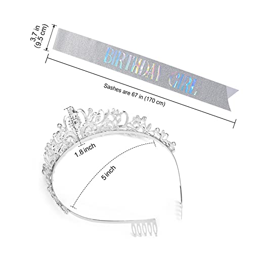 "Birthday Girl" Sash & Rhinestone Tiara Set Silver COCIDE Birthday Sash and Tiara for Women Birthday Decoration Kit Rhinestone Headband for Girl Glitter Crystal Hair Accessories for Birth Party (Aurora Borealis Silver Tiara + Silver Sash)