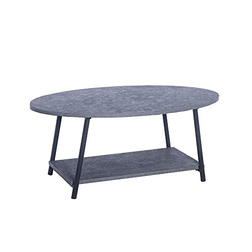 Household Essentials Jamestown Oval Coffee Table with Storage Shelf Rustic Slate Concrete and Black Metal, Grey