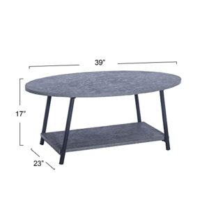 Household Essentials Jamestown Oval Coffee Table with Storage Shelf Rustic Slate Concrete and Black Metal, Grey