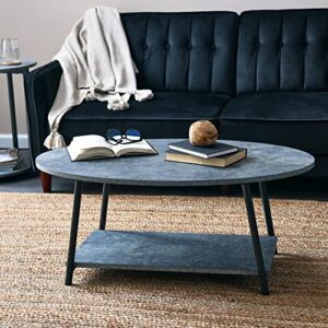 Household Essentials Jamestown Oval Coffee Table with Storage Shelf Rustic Slate Concrete and Black Metal, Grey