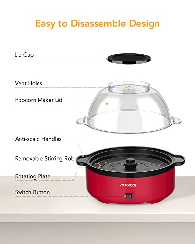 Upgraded, ACEKOOL Popcorn Maker, Multifunctional Popcorn Popper Machine with Nonstick Plate & Stirring Rod, Stir Crazy Popcorn Popper with Large Lid for Serving Bowl and Two Measuring Spoons