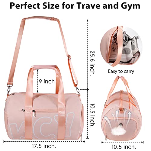 KCY Sports Gym Bag with Wet Pocket & Shoes Compartment for Women Girls, Small Sports Duffel Bag for Yoga Baseball Camping Travel, Waterproof, Lightweight, Pink