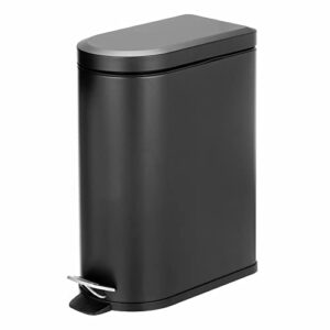 mdesign small 2.6 gallon stainless steel metal step trash can garbage bin for bathroom, bedroom, home office - d-shape trashcan with foot pedal/lid, removable liner bucket with handles, black