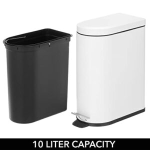mDesign 10 Liter/2.6 Gallon Stainless Steel Metal Step Trash Can Garbage Bin for Bathroom, Bedroom, Home Office - D-Shape Trashcan with Foot Pedal/Lid, Removable Liner Bucket with Handles, White