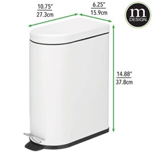 mDesign 10 Liter/2.6 Gallon Stainless Steel Metal Step Trash Can Garbage Bin for Bathroom, Bedroom, Home Office - D-Shape Trashcan with Foot Pedal/Lid, Removable Liner Bucket with Handles, White