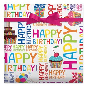 Current Happy Birthday Words with Dots Reversible Double-Sided Jumbo Gift Wrap Roll, 23 inches x 32 feet per roll
