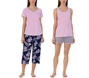carole hochman women's 4 piece pajama set - tank top, short sleeve top, short, and capri pant (purple-floral, xxl)