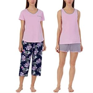 Carole Hochman Women's 4 Piece Pajama Set - Tank Top, Short Sleeve Top, Short, and Capri Pant (Purple-Floral, XXL)
