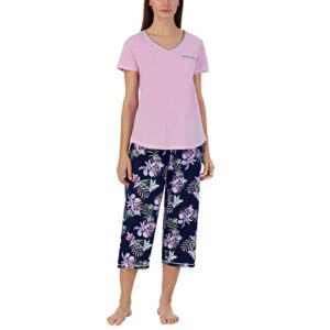 Carole Hochman Women's 4 Piece Pajama Set - Tank Top, Short Sleeve Top, Short, and Capri Pant (Purple-Floral, XXL)