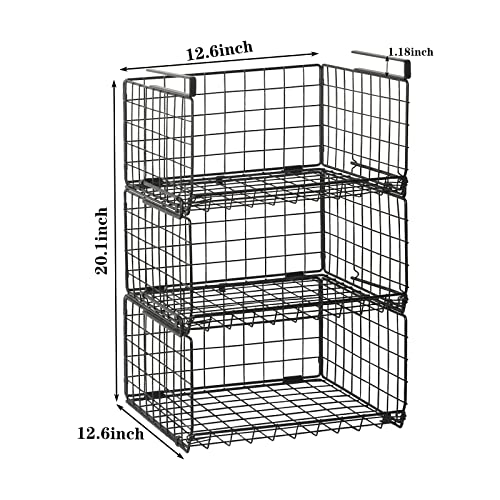 3-Tier Under Closet Shelf Basket Hanging Clothes Storage Organizer Slides Under Shelves Space Saving Stackable Cabinet Bins Foldable Metal Wire Rack with 2 Hooks for Clothing Sweaters Bedroom