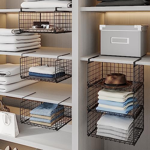 3-Tier Under Closet Shelf Basket Hanging Clothes Storage Organizer Slides Under Shelves Space Saving Stackable Cabinet Bins Foldable Metal Wire Rack with 2 Hooks for Clothing Sweaters Bedroom