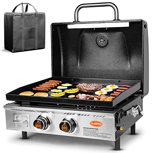 Hisencn Portable Griddle for Outdoor, Tabletop, Countertop, Kitchen, Tailgating, RV - Nonstick Camping Griddle 348 sq. in. 24000 BTUs Griddle for Gas Grill, 22 Inch with Hood, with Carry Bag