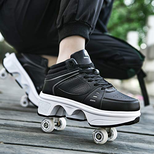 KOFUBOKE LED Deformation Roller Skate Shoes Double-Row Walking Shoes with Invisible Wheels 2 in 1 Removable Pulley Parkour Skating (Black, 3.5)