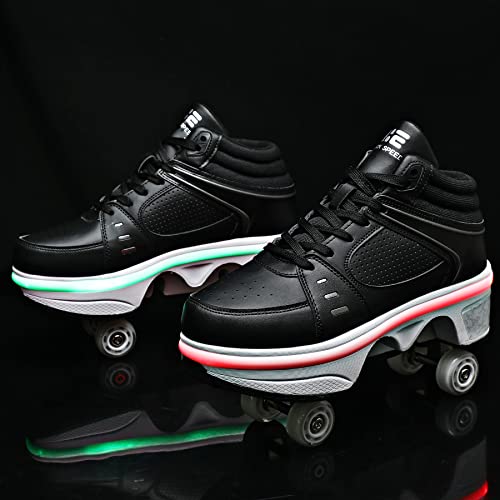 KOFUBOKE LED Deformation Roller Skate Shoes Double-Row Walking Shoes with Invisible Wheels 2 in 1 Removable Pulley Parkour Skating (Black, 3.5)