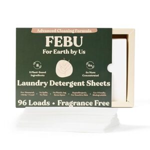 febu eco friendly laundry detergent sheets | 96 loads, fragrance free | 6x more cleaning power with only 8 plant-based ingredients | hypoallergenic laundry sheets | zero waste laundry soap sheets