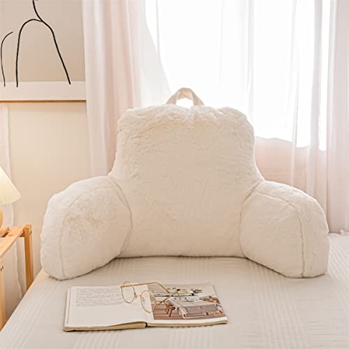 NTBED Reading Pillow Faux Fur Bed Wedge Backrest with Arms,Couch TV Relax Bed Rest Pillow Back Support Cushion for Kids Teens Boys Girls(White)