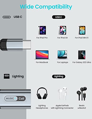 USB C to Lightning Audio Adapter for iPad Pro 10 iPhone 15 Pro Max,Type C Male to Female MFi Certified Lightning Headphone Earphones Converter for iPad Air Mini MacBook Connector Not Support Charging