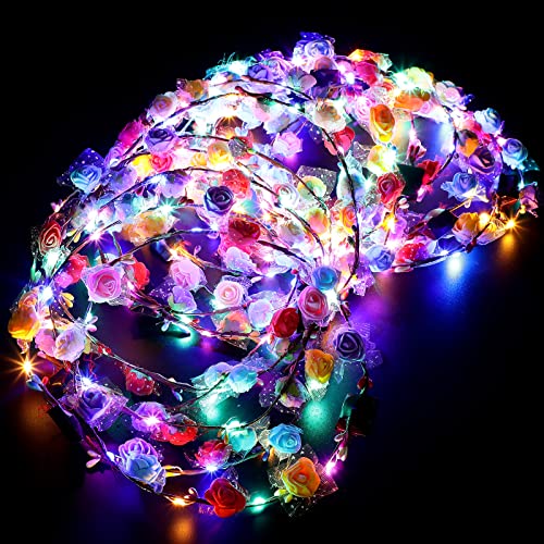 30 Pcs LED Flower Crown LED Flower Wreath Headband Multicolor Light up Headband Lighted Head Band Crown LED Hair Accessories Luminous Floral Headpiece Flower Headdress for Women Girls Wedding Party