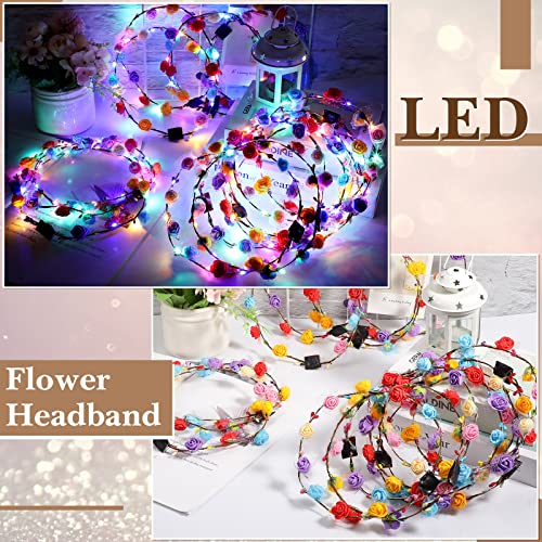 30 Pcs LED Flower Crown LED Flower Wreath Headband Multicolor Light up Headband Lighted Head Band Crown LED Hair Accessories Luminous Floral Headpiece Flower Headdress for Women Girls Wedding Party