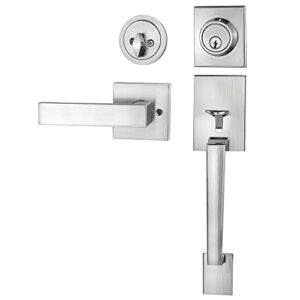 azdele satin nickel front door handle with deadbolt and lever set, modern front door lock set, door handle with single cylinder deadbolt for exterior door, reversible for right&left handed