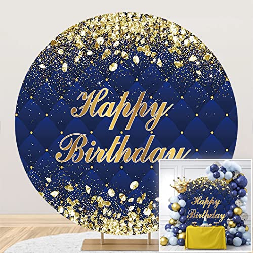 Canessioa 7.2x7.2ft Royal Blue Birthday Round Backdrop Cover Diamonds Chips Golden Glittering Round Backdrop Polyester Kids Adult Birthday Party Photo Shoot Backdrop Cake Table Decoration Banner