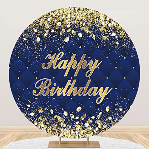 Canessioa 7.2x7.2ft Royal Blue Birthday Round Backdrop Cover Diamonds Chips Golden Glittering Round Backdrop Polyester Kids Adult Birthday Party Photo Shoot Backdrop Cake Table Decoration Banner