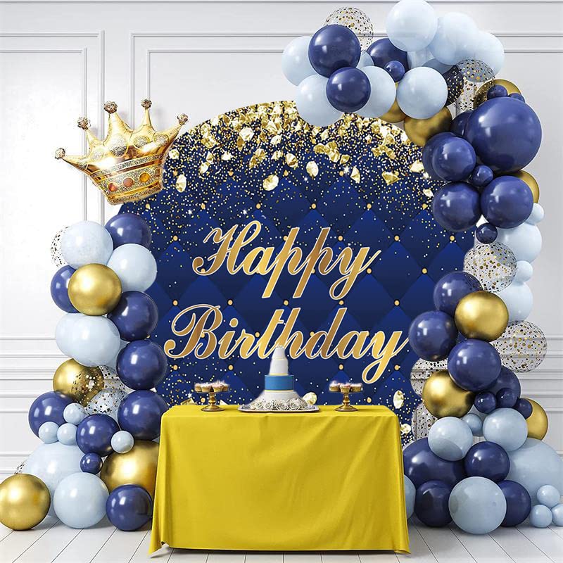 Canessioa 7.2x7.2ft Royal Blue Birthday Round Backdrop Cover Diamonds Chips Golden Glittering Round Backdrop Polyester Kids Adult Birthday Party Photo Shoot Backdrop Cake Table Decoration Banner