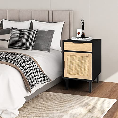 DOALBUN OKL Tall Nightstand Set of 2,Rattan End Table with Drawer and Decorated Doors,Side Table Solid Wood Accent Bedside Table with Storage for Living Room,Bedroom (Black)