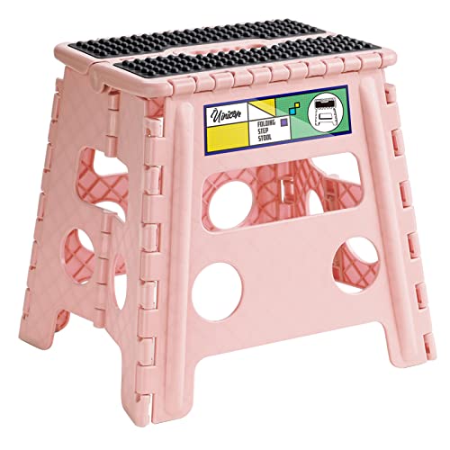 Uinicor 13" Folding Step Stool for Adults and Kids Holds Up to 300 lbs,Non-Slip Folding Stools with Handle, Compact Plastic Foldable Step Stool for Bathroom,Bedroom, Kitchen,Sakura Pink 1pc