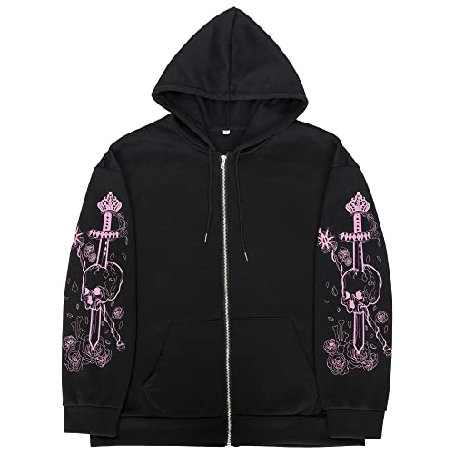 Soosuihoo Women y2k Skull Print Streetwear Hoddies Skeleton Harajuku Vintage Goth Emo Egirl Anime Clothes Long Sleeves Zip-up Jaket (L, Black)