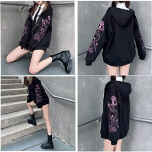 Soosuihoo Women y2k Skull Print Streetwear Hoddies Skeleton Harajuku Vintage Goth Emo Egirl Anime Clothes Long Sleeves Zip-up Jaket (L, Black)