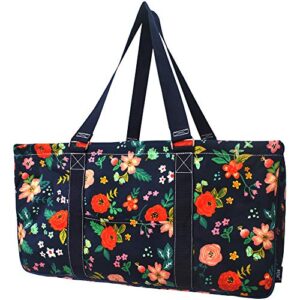 ngil extra large utility tote reusable grocery bag oversized collapsible for groceries, storage, picnic, beach (floral pattern-navy)