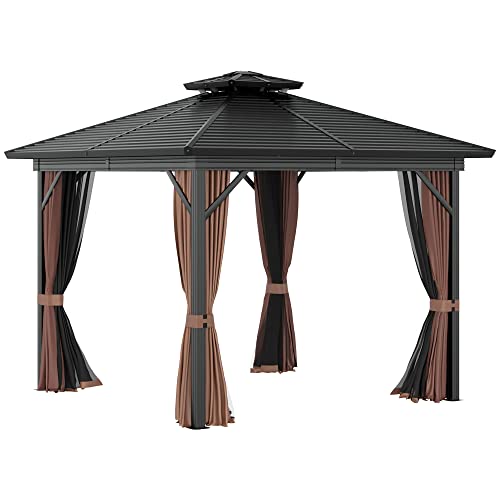 Outsunny 10' x 10' Hardtop Gazebo Canopy with Galvanized Steel Double Roof, Aluminum Frame, Permanent Pavilion Outdoor Gazebo with Netting and Curtains for Patio, Garden, Backyard, Brown