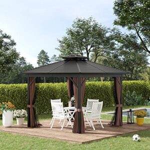 Outsunny 10' x 10' Hardtop Gazebo Canopy with Galvanized Steel Double Roof, Aluminum Frame, Permanent Pavilion Outdoor Gazebo with Netting and Curtains for Patio, Garden, Backyard, Brown