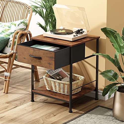 WLIVE Nightstand, End Table with Fabric Storage Drawer and Open Wood Shelf, Bedside Furniture with Steel Frame, Side Table for Bedroom, Dorm, Easy Assembly, Rustic Brown Wood Grain Print