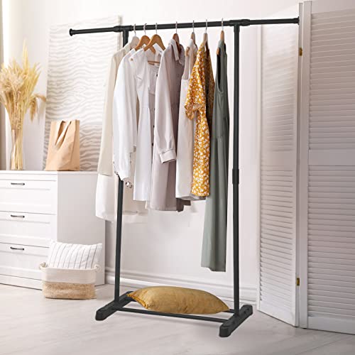 Simple Standard Rod Clothing Garment Rack,Super Easy Assembly NO Tools Required,Adjustable Floor Hanger, Used in The Bedroom to Hang Clothes, Hats, Bags,Shoes Boxes,Rolling Clothes Organizer,Black