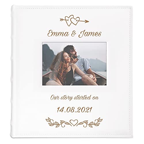 Maverton Photo Album - Customised white cover with a photo frame - 60 black pages - Memory book for couples - for parents - Photo Book for wedding - Love