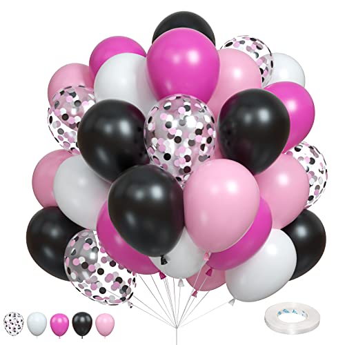 Balloons Black and Pink, Pack of 60 Hot Pink Black White Latex Balloon and Confetti Balloons, Rose Red Pink Party Balloons Decoration for Girls Mouse Theme Birthday Party Baby Shower Bridal Shower