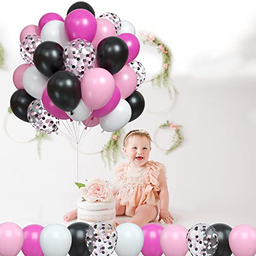 Balloons Black and Pink, Pack of 60 Hot Pink Black White Latex Balloon and Confetti Balloons, Rose Red Pink Party Balloons Decoration for Girls Mouse Theme Birthday Party Baby Shower Bridal Shower