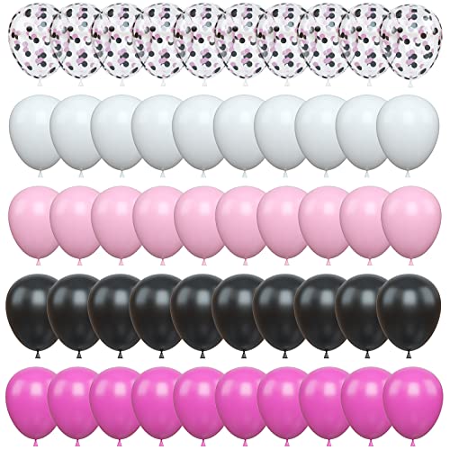 Balloons Black and Pink, Pack of 60 Hot Pink Black White Latex Balloon and Confetti Balloons, Rose Red Pink Party Balloons Decoration for Girls Mouse Theme Birthday Party Baby Shower Bridal Shower