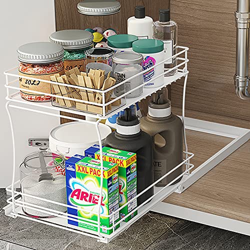 Ronanemon Under Sink Cabinet Organizer Storage with 2 Tier Pull Out Sliding Shelf with Protective Shelf Liners for Kitchen Bathroom Cabinet(White)