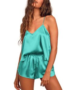 ekouaer womens silk cami satin pajamas camisole loungewear soft lingerie set blue-green medium