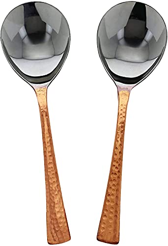 VAKRATUNDA KITCHENWARES Set of 4 Serving Spoon with Hammer Copper Handle, Spoons for Dinnerware Serve ware, Non-Slip Serving Tools for Modern Kitchen, Serving Spoons for Home, 8”